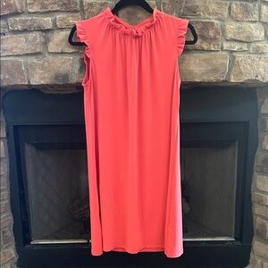 Adrianna Papell Sleeveless Coral Dress with Ruffle Neckline